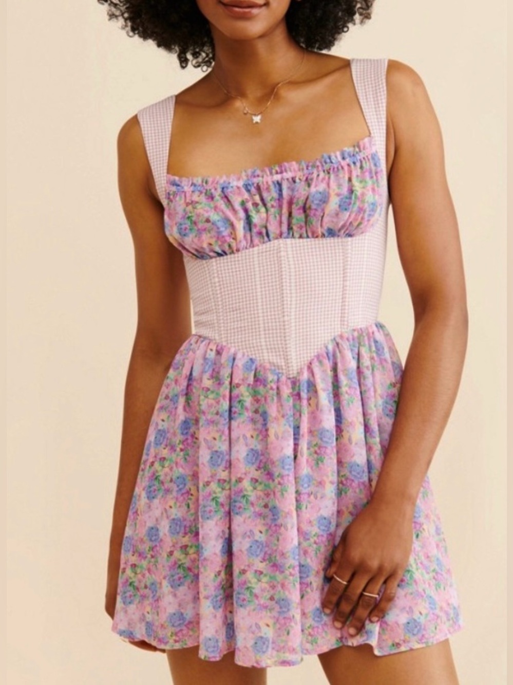 For Love & Lemons Brenna Mini Dress, Corset Top, Gingham, Floral, Women’s Small